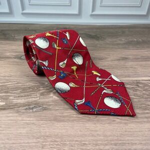Mens Norm Thompson Golf Tie All Silk Made in Italy Golf Balls Clubs Red